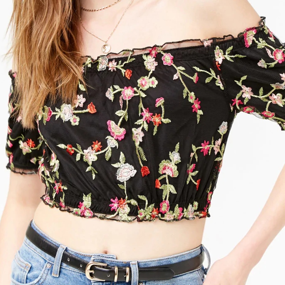 Women's Black Floral Embroidered Crop top